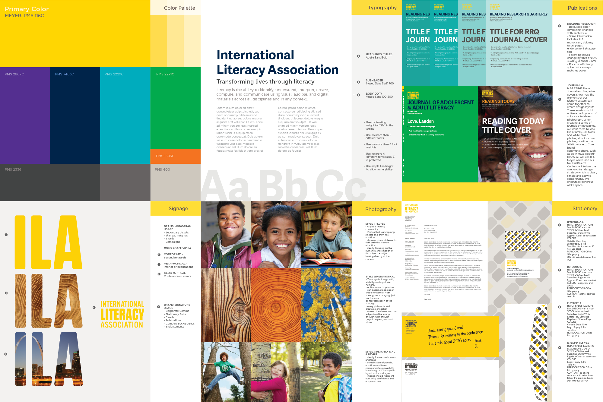 Collage of ILA's new brand guidelines created by Ideon